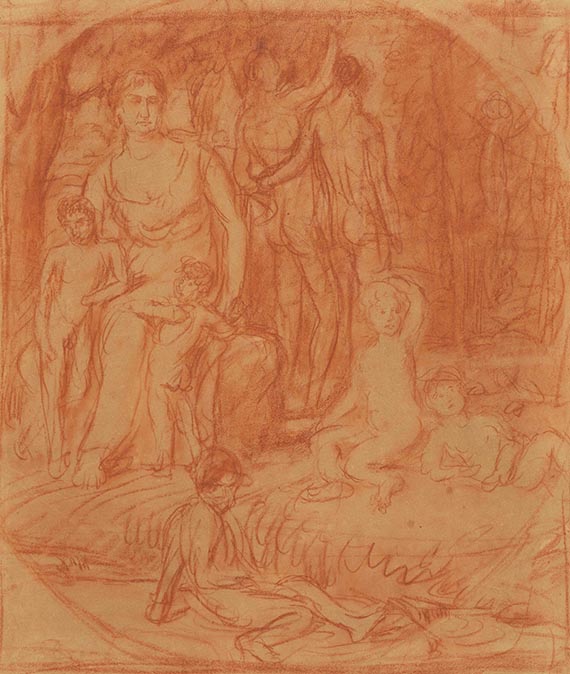 Marées, Hans von - Weibliche sitzende Figur, zwei Rückenakte, mehrere Kinder und verso: Weibliche sitzende Figur, drei Kinder, liegender männlicher Akt