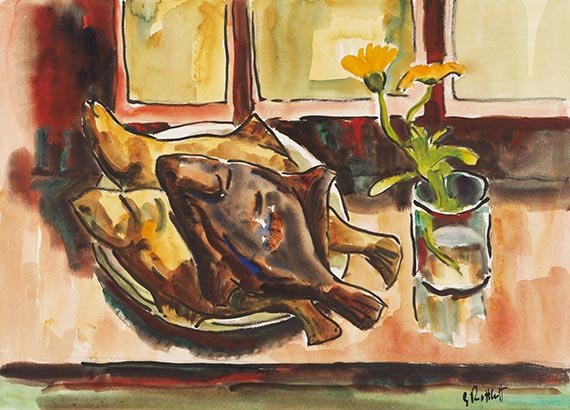 Karl Schmidt-Rottluff - R&auml;ucherflundern und Sommerblume